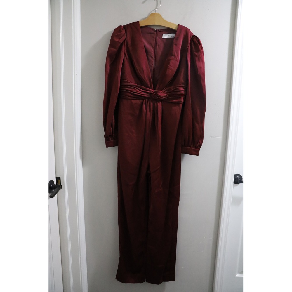 Ieena for Mac Duggal Burgundy Satin Wide Leg Jumpsuit V-Neck Puff Sleeve Size 6